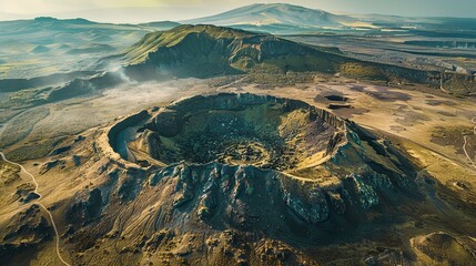 The aerial shot captures the dramatic contrast between the rugged edges of a volcanic crater and the vibrant green moss-covered terrain surrounding it. Aerial View of Volcanic Crater and Lush Terrain
 - obrazy, fototapety, plakaty