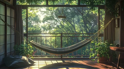 Papier Peint photo Lavable Olive verte Tranquil balcony setting featuring a hammock, surrounded by vibrant green plants and overlooking a serene forest. Cozy Balcony with Hammock and Lush Greenery lofi anime  