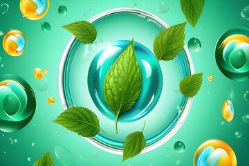  Green leaf surrounded by fresh mint bubbles, circular orbit with menthol leaf, bubbles splash.  - obrazy, fototapety, plakaty