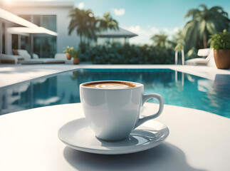 A cup of coffee on a table by a swimming pool, photorealistic