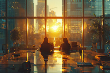 Two people gazing at the sunset through a glass window in a conference room