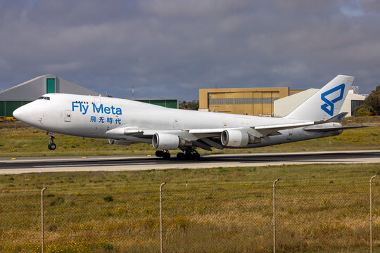 Luqa, Malta - April 9, 2024: Fly Meta (Air Atlanta Icelandic) Boeing 747-446(BDSF) (Reg.: TF-WFF) taking off on its way to Bujumbura, Burundi.
