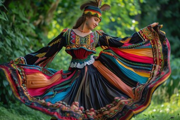 A beautiful woman in a traditional gypsy dress poses in nature - obrazy, fototapety, plakaty
