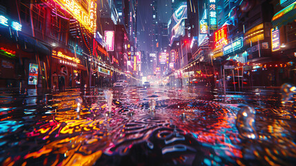 Neon-lit city streets in the rain at night. Digital art cityscape with reflections and futuristic atmosphere. Urban nightlife and cyberpunk concept for poster and wallpaper design. Low angle view with