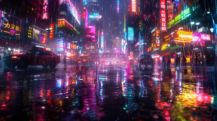 Neon-lit city streets in the rain at night. Digital art cityscape with reflections and futuristic atmosphere. Urban nightlife and cyberpunk concept for poster and wallpaper design. Low angle view with