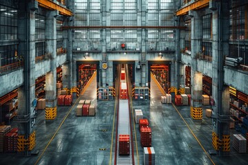 a large warehouse filled with lots of boxes and containers - obrazy, fototapety, plakaty