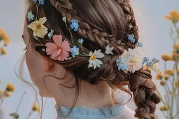 Poster aesthetic cottagecore female hairstyle with pastel colored flowers, vintage, gen-z, calm, rear view © Luluraschi