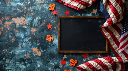 American flags draped over a chalkboard, with Happy Veterans Day message, honoring service and sacrifice