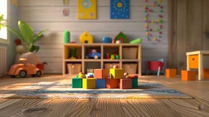 multicolored cubes for playing in the foreground, kids playing area, playground, selective focus