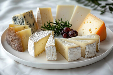 A simple arrangement of assorted cheeses on a white plate against a clean white background