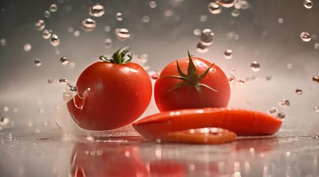 Juicy Tomato Slices: A Captivating Display of Freshness with Delicate Water Sprinkles