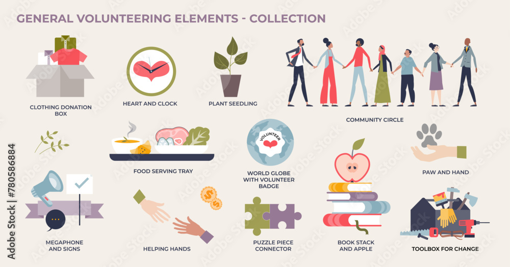 Poster volunteering elements with community support or help tiny person collection set. labeled items with 