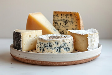 A simple arrangement of assorted cheeses on a white plate against a clean white background