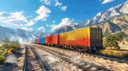 Fototapeta premium Dynamic view of a freight train with intermodal containers in transit, showcasing global trade