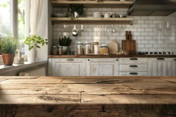 Empty wooden table with modern kitchen blur, clean and bright, perfect for product display