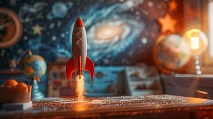 Enthusiastic launch of a red wooden rocket by children, with a galaxy to conquer in the backdrop