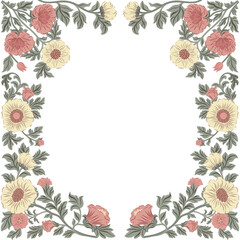 Postcard or poster made from folk art elements. Folk vector illustration, floral frame on white background. Hand drawn folk flowers. Traditional motif