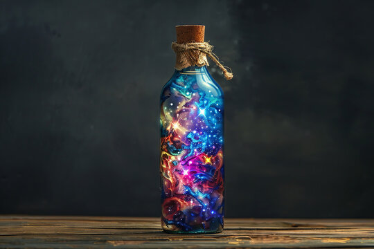 Enigmatic bottle, containing a nebula of cosmic lights, suggesting powerful celestial magic