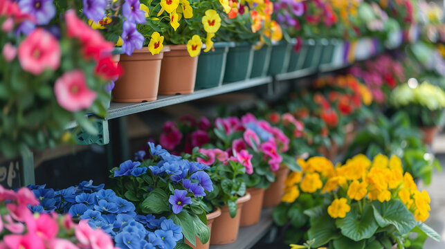 "Cascade of Colorful Potted Blooms"
A plethora of vibrant, multi-colored flowers in full bloom, meticulously arranged on garden center shelves, inviting admiration and selection.