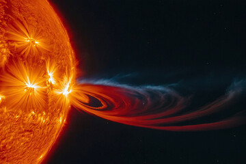 Sun with magnetic storms. Plasma flash on the surface of a our star. Solar flares. Magnetic storms on the sun