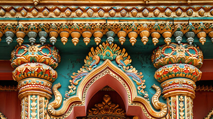 Fototapeta premium Ornate golden traditional Thai patterns and sculptures. Detailed temple decorations with floral motifs and mythical creatures. Cultural art and architecture concept for historical design elements 