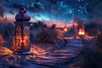 The lamp of wishes on a futuristic desert path, lighting the way for a Ramadan night filled with stars and innovation