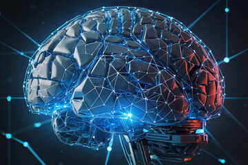 Futuristic glowing low polygonal brain as connected lines, isolated on blue background. A blue brain is shown in front of a network of dots