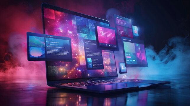 Visual explosion of progressive web app screens from laptop to mobile, showcasing adaptability