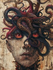 Fototapeta premium Abstract surrealism artwork presenting a human head entangled with a mesmerizing parasite, blurring the lines between reality and imagination.