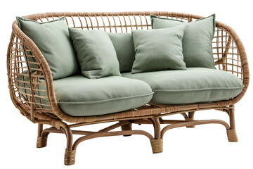 Rattan sofa with green cushions on a white background