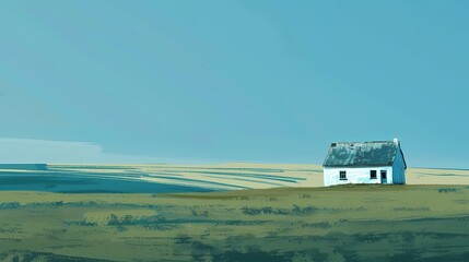 Fototapeta premium green and blue minimalist style endless prairie with small house illustration poster background