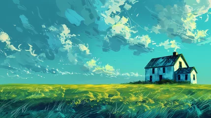 Fotobehang green and blue minimalist style endless prairie with small house illustration poster background © jinzhen