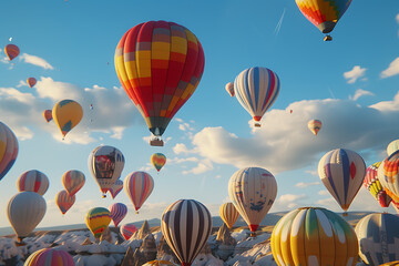 Colorful hot air balloons soaring high during a vibrant festival celebration, creating a picturesque and exhilarating scene