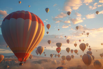 Colorful hot air balloons soaring high during a vibrant festival celebration, creating a picturesque and exhilarating scene - obrazy, fototapety, plakaty