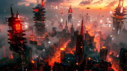 Cyberpunk Experience, Futuristic Cityscapes Urban Adventures in Metropolis, Story Board Element and Digital Technology.  Future in Gaming style Storyboard Set in Future, Neon Light and Sci-Fi Concept. - obrazy, fototapety, plakaty