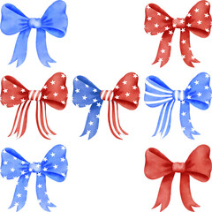 Set of 4th of july coquette bow stars and stripes clipart, Red white blue ribbon watercolor illustration, American girly girl decoration.