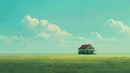 Gordijnen green and blue minimalist style endless prairie with small house illustration poster background © jinzhen