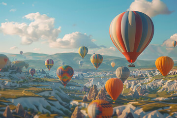 Obraz premium Colorful hot air balloons soaring high during a vibrant festival celebration, creating a picturesque and exhilarating scene