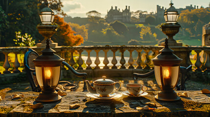 Majestic Castle Amidst Lush Landscape at Sunset, A Journey Through History and Architecture, Embodying Timeless Elegance - obrazy, fototapety, plakaty