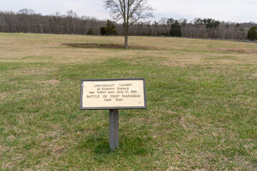 Plaque for Lieutenant Ramsey, killed here at the First Battle of Manassas Bull Run in the Civil War - obrazy, fototapety, plakaty