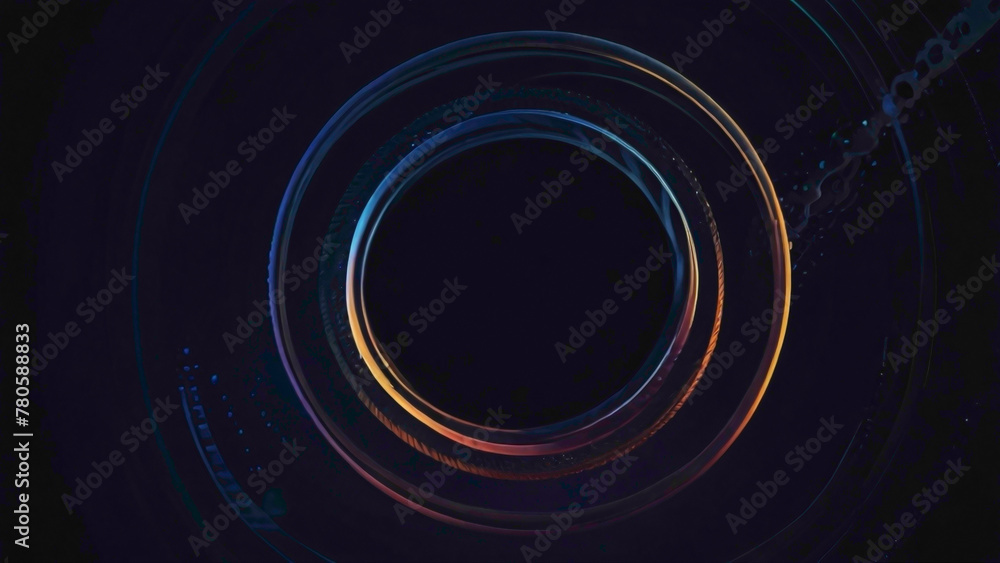 Poster red and blue concentric circes wrapped around each other in the form of double helix with dark gradi