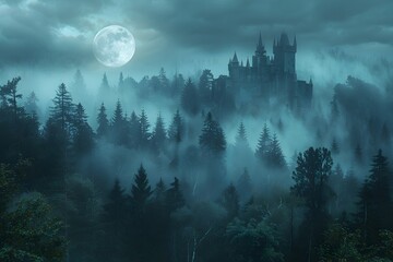 Enchanting Castle Enveloped in Misty Forest with Luminous Full Moon Overhead in Documentary Photography Style