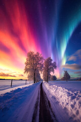Vibrant Aurora Borealis Over Snowy Road
