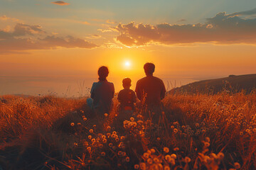 a family is sitting in a field watching the sunset