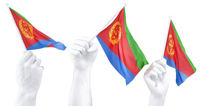 Hands waving Eritrea flags isolated on white