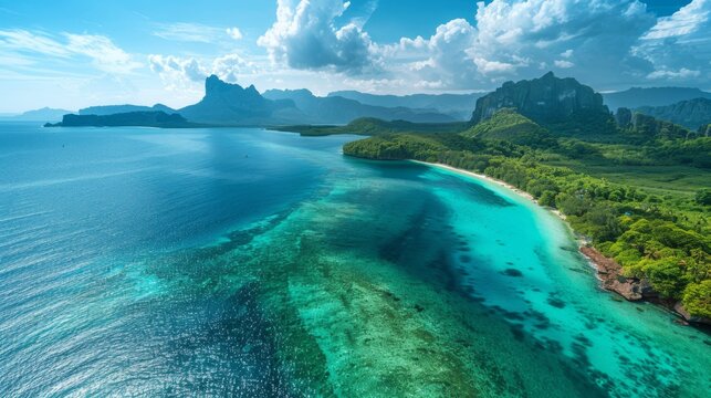 A captivating aerial view of a coastal paradise with sandy beaches, turquoise waters, and lush green islands, under a clear sunny sky, offering a breathtaking summer background for business branding