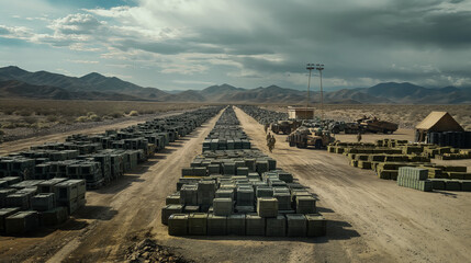 In a remote desert location, a vast array of military supplies is methodically organized, creating an imposing landscape