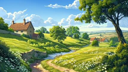 A peaceful countryside scene with rolling hills, meandering streams, and quaint cottages nestled among greenery, under a clear sunny sky, offering a charming backdrop for business messaging - obrazy, fototapety, plakaty