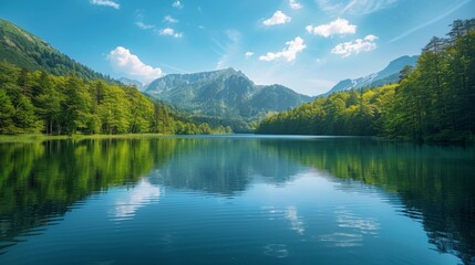 Fototapeta na wymiar A serene lake surrounded by verdant forests and distant mountains, reflecting the clear blue sky above, creating a tranquil summer background perfect for showcasing business branding.