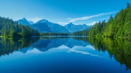A serene lake surrounded by verdant forests and distant mountains, reflecting the clear blue sky above, creating a tranquil summer background perfect for showcasing business branding.